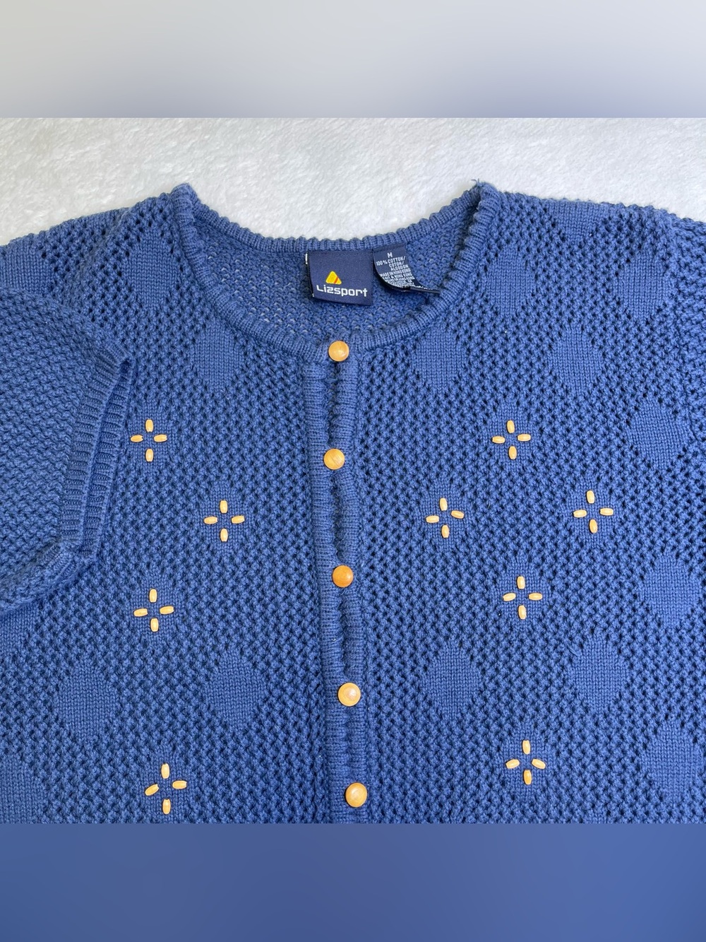 Vintage Lizsport Blue Chunky Knit Short Sleeve Bead Embellished Cardigan Medium